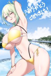 Rule 34 | 1girl, :p, arm behind head, arm up, armpits, bikini, bracelet, braid, breasts, commentary request, commission, cowboy shot, de lacey (neural cloud), girls&#039; frontline, girls&#039; frontline neural cloud, green hair, hair between eyes, highres, hip focus, huge breasts, jewelry, long hair, looking at viewer, mole, mole under mouth, navel, one eye closed, outdoors, purple eyes, side-tie bikini bottom, signature, skeb commission, skindentation, sky, solo, swimsuit, symbol-shaped pupils, thighs, tochi keisuke, tongue, tongue out, translation request, water, yellow bikini