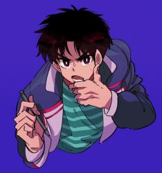 Rule 34 | 1boy, blue shirt, brown eyes, brown hair, commentary request, cropped torso, fingernails, grey jacket, hand on own chin, highres, holding, holding pen, inudori, jacket, letterman jacket, looking at viewer, lower teeth only, male focus, medium bangs, open mouth, parted bangs, pen, purple background, shirt, short hair, simple background, solo, striped clothes, striped shirt, teeth, tobaku haouden zero, ukai zero, upper body, v-shaped eyebrows