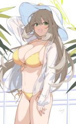 Rule 34 | 1girl, arm up, banned artist, bikini, blue archive, blush, breasts, brown hair, cleavage, collarbone, cowboy shot, front-tie bikini top, front-tie top, green eyes, halo, hat, highres, icomochi, large breasts, long hair, long sleeves, looking at viewer, navel, nonomi (blue archive), nonomi (swimsuit) (blue archive), open clothes, open mouth, orange bikini, shirt, side-tie bikini bottom, signature, smile, solo, stomach, string bikini, sun hat, swimsuit, thighs, white hat, white shirt, yellow bikini