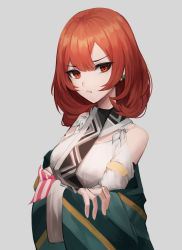 Rule 34 | 1girl, bad id, bad pixiv id, black survival, breasts, earrings, highres, jewelry, looking at viewer, mea (hwaksal), medium breasts, medium hair, nose, open mouth, orange eyes, orange hair, simple background, solo, tran quynh mai, upper body, white background