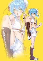 Rule 34 | 1other, absurdres, androgynous, blue hair, china dress, chinese clothes, dress, highres, nukogami (minniecatlove21), rimuru tempest, simple background, tagme, tensei shitara slime datta ken, yellow background
