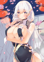 Rule 34 | 1girl, azur lane, between breasts, blue dress, blush, braid, branch, breast curtains, breast hold, breasts, cherry blossoms, china dress, chinese clothes, cleavage, commentary, covered navel, cowboy shot, dress, eyelashes, flower, garter straps, gloves, hair between eyes, hair flower, hair ornament, highres, large breasts, lips, looking at viewer, medium hair, open mouth, orange eyes, panty straps, pelvic curtain, petals, ryoutsu, see-through, shawl, side slit, silver hair, sirius (azur lane), sirius (azure horizons) (azur lane), solo, white gloves