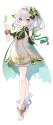 Rule 34 | 1girl, absurdres, bare shoulders, blush, bracelet, bug, butterfly, butterfly wings, cape, closed mouth, commentary request, cross-shaped pupils, detached sleeves, dress, flying, full body, gem, genshin impact, gold bracelet, gradient hair, green butterfly, green cape, green eyes, green gemstone, green hair, grey hair, hair between eyes, hair ornament, hand up, heart, heart-shaped pupils, highres, insect, insect wings, jewelry, leaf hair ornament, long hair, looking to the side, mochizuki mochi, multicolored hair, nahida (genshin impact), pointy ears, ponytail, short sleeves, side ponytail, sidelocks, simple background, smile, solo, symbol-shaped pupils, two-tone hair, white background, white dress, wings