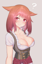 Rule 34 | 1girl, :d, ?, animal ears, warrior of light (ff14), breasts, cat ears, cleavage, collarbone, facial mark, final fantasy, final fantasy xiv, h.carrrrrrot, highres, large breasts, medium hair, miqo&#039;te, open mouth, red eyes, red hair, short sleeves, smile, solo, underbust, upper body, whisker markings