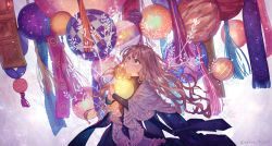 Rule 34 | 1girl, 778-go, ball, black dress, branch, brown hair, commentary, cowboy shot, dress, floating hair, green eyes, hair between eyes, highres, holding, lamp, lantern, light particles, long hair, long sleeves, looking away, looking up, orb, original, planet, scarf, shawl, solo, sparkle, sweat, tassel, turtleneck