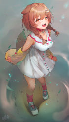 Rule 34 | 1girl, :d, absurdres, animal collar, animal ears, bare shoulders, bone hair ornament, bracelet, braid, breasts, brown eyes, brown hair, buttons, cleavage, collar, collarbone, dog ears, dog girl, dog tail, dress, falling leaves, fangs, from above, full body, hair between eyes, hair ornament, hairclip, highres, hololive, inugami korone, inugami korone (1st costume), jacket, jewelry, kelly 0w0, large breasts, leaf, light blush, long hair, looking at viewer, loose socks, low twin braids, low twintails, off shoulder, open mouth, red collar, red socks, shoes, short dress, signature, smile, sneakers, socks, solo, tail, twin braids, twintails, virtual youtuber, white dress, yellow jacket