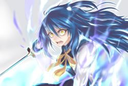 Rule 34 | 1girl, absurdres, aura, blue hair, eyelashes, hair ornament, highres, holding, holding sword, holding weapon, incoming attack, long hair, long sleeves, looking at viewer, minarai tenna, neck ribbon, open mouth, original, ribbon, skirt, solo, sword, vest, weapon, wide-eyed, wing collar, yellow eyes, yellow ribbon