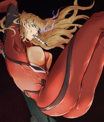 Rule 34 | 1girl, alternate breast size, alternate hair length, alternate hairstyle, artist request, ass, blue eyes, bodysuit, breasts, brown hair, closed mouth, evangelion: 3.0+1.0 thrice upon a time, eyepatch, hair ornament, highres, holding, holding weapon, huge ass, large breasts, long hair, long sleeves, looking at viewer, neon genesis evangelion, plugsuit, rebuild of evangelion, red bodysuit, shiny clothes, simple background, solo, souryuu asuka langley, two side up, very long hair, weapon, wide hips
