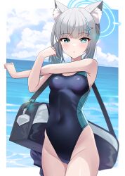 Rule 34 | 1girl, animal ear fluff, animal ears, bag, black one-piece swimsuit, blue archive, blue eyes, blue sky, breasts, cloud, competition swimsuit, covered navel, cowboy shot, cross hair ornament, day, extra ears, grey hair, hair ornament, halo, highres, low ponytail, medium breasts, medium hair, mismatched pupils, multicolored clothes, multicolored swimsuit, official alternate costume, one-piece swimsuit, outdoors, sakura ran, shiroko (blue archive), shiroko (swimsuit) (blue archive), sky, solo, stretching, swimsuit, wolf ears