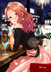 Rule 34 | 1girl, alcohol, bag, bangle, black bow, black shirt, blouse, blush, bottle, bow, bracelet, chandelier, cityscape, closed mouth, cocktail glass, cup, drinking glass, earrings, elbow rest, glint, gold, handbag, highres, indoors, jewelry, long hair, looking at viewer, martini, mole, mole under eye, night, off-shoulder blouse, orange hair, original, parted bangs, pink skirt, retsuna, shirt, sidelocks, signature, sitting, skirt, smile, solo, wavy hair, window, yellow eyes