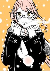 Rule 34 | 1girl, alternate costume, black coat, breath, coat, glasses, gloves, hair bun, highres, kantai collection, long hair, long sleeves, looking at viewer, low twintails, makigumo (kancolle), pink hair, scarf, snow, solo, tamaki., twintails, upper body, white gloves, white scarf, yellow eyes