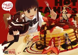 Rule 34 | 6+girls, armor, ass, black legwear, bow, brown hair, chocolate, coffee, drooling, eating, food, fork, fruit, hair bow, hat, highres, in food, knife, kokudou juunigou, mini person, minigirl, multiple girls, original, pancake, plate, ponytail, raspberry, skindentation, strawberry, sword, syrup, thighhighs, twintails, weapon, whipped cream
