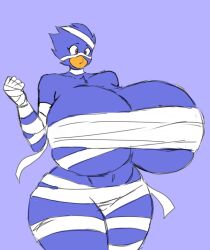 Rule 34 | 1girl, arm up, bird, breasts, cowboy shot, female focus, gigantic breasts, highres, looking at viewer, momijizx, mummy, mummy costume, purple background, red eyes, solo, standing, thick thighs, thighs, white background