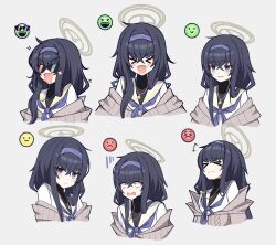 Rule 34 | 1girl, bags under eyes, black hair, blue archive, blue eyes, blush, cardigan, hair between eyes, hairband, halo, highres, jewelry, long hair, long sleeves, looking at viewer, low twintails, multiple persona, open mouth, simple background, twintails, ui (blue archive), very long hair, xaiqi