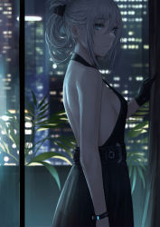 Rule 34 | 1girl, absurdres, an-94 (girls&#039; frontline), an-94 (silent rouge) (girls&#039; frontline), aqua eyes, bare shoulders, black dress, black gloves, bracelet, breasts, building, closed mouth, commentary, commentary request, dress, evening gown, folded hair, from side, girls&#039; frontline, gloves, halterneck, highres, jewelry, long hair, looking to the side, medium breasts, mixed-language commentary, night, night sky, official alternate costume, plant, selcky, sideboob, sidelocks, silver hair, sky, skyscraper, solo, standing, window