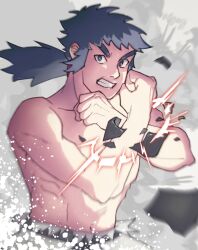 Rule 34 | 1boy, abs, belt, black hair, blurry, bright pupils, bruno (pokemon), clenched teeth, commentary request, creatures (company), crossed wrists, floating hair, game freak, grey eyes, hands up, highres, long hair, looking at viewer, male focus, muscular, muscular male, natonashi, nintendo, pants, pokemon, pokemon frlg, ponytail, solo, teeth, topless male