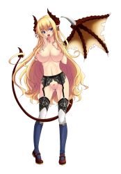 Rule 34 | 1girl, blonde hair, breasts, demon girl, enoko (zqfebi), fangs, highres, horns, large breasts, long hair, long tongue, nipples, pubic hair, pussy, simple background, single wing, tail, tongue, tongue out, uncensored, white background, wings