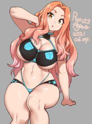 Rule 34 | 1girl, agawa ryou, arm support, arm up, artist name, blush, breasts, cleavage, commentary, dated, english commentary, grey background, hair intakes, huge breasts, long hair, looking at viewer, navel, open mouth, orange hair, original, signature, simple background, sitting, solo, thick thighs, thighs, wide hips, yellow eyes