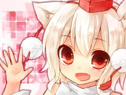 Rule 34 | 1girl, :d, animal ears, bad id, bad pixiv id, close-up, detached sleeves, fang, female focus, hat, highres, inubashiri momiji, looking at viewer, open hand, open mouth, pom pom (clothes), red eyes, sawatari (sado), smile, solo, tokin hat, touhou, waving, white hair