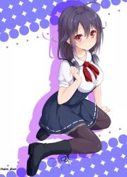 Rule 34 | 10s, 1girl, ahoge, alternate costume, black pantyhose, blush, boots, breasts, full body, hair flaps, kantai collection, large breasts, long hair, looking at viewer, low twintails, pantyhose, purple hair, red eyes, school uniform, sitting, smile, solo, taigei (kancolle), takehana note, twintails