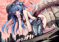 Rule 34 | 1girl, adapted costume, all fours, apron, ass, bad id, bad pixiv id, bare legs, bare shoulders, barefoot, blue hair, female focus, food, fruit, hat, hinanawi tenshi, kaito (k4itoh), keystone, mouth hold, naked apron, peach, purple eyes, rock, saliva, solo, sword, sword of hisou, touhou, weapon, wrist cuffs
