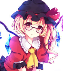 Rule 34 | 1girl, :&lt;, alternate costume, ascot, asymmetrical hair, asymmetrical wings, bespectacled, black hat, blonde hair, dress, flandre scarlet, glasses, hat, heart, heart-shaped pupils, looking at viewer, mob cap, puffy short sleeves, puffy sleeves, red dress, red eyes, short hair, short sleeves, side ponytail, solo, solo focus, symbol-shaped pupils, touhou, venn (vebonbon), wings