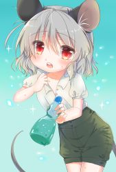 Rule 34 | 1girl, alternate costume, animal ears, ashino chimado, black shorts, blue background, blush, bottle, contrapposto, cowboy shot, giving, gradient background, grey hair, hair between eyes, hand on own chest, highres, holding, holding bottle, leaning to the side, mouse ears, mouse tail, nazrin, open mouth, puffy short sleeves, puffy sleeves, ramune, red eyes, shirt, shirt hold, short hair, short sleeves, shorts, solo, sparkle, standing, sweat, tail, teeth, touhou, unbuttoned, unbuttoned shirt, upper teeth only, white shirt