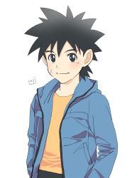 Rule 34 | 1boy, black hair, casual, closed mouth, cross scar, dai (dragon quest), dragon quest, dragon quest dai no daibouken, hands in pockets, highres, jacket, looking at viewer, nori (norimakigumo), scar, simple background, smile, solo, spiked hair, white background