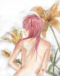 Rule 34 | 10s, 1girl, back, bad id, bad pixiv id, final fantasy, final fantasy xiii, flower, from behind, ikinari, lightning farron, lily (flower), lips, long hair, looking back, nude, pink hair, solo