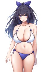 Rule 34 | 1girl, absurdres, arm at side, arm behind back, bare hips, bare shoulders, bikini, black hair, blue bow, blue eyes, bow, breasts, cleavage, collarbone, commission, hair bow, hair ribbon, halterneck, happy, highres, huge breasts, large breasts, legs together, long hair, looking at viewer, multicolored bikini, multicolored clothes, navel, open mouth, original, ponytail, ribbon, side-tie bikini bottom, skeb commission, smile, solo, standing, string bikini, suruga (xsurugax), swimsuit, teeth, thighs, upper teeth only, white background