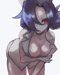 Rule 34 | + +, 1girl, ass, blue hair, breasts, cleavage, gloves, grey background, hair over one eye, hat, highres, large breasts, latex, latex gloves, leaning forward, mask, mouth mask, nurse cap, ponytail, red eyes, siosyan, skullgirls, solo, surgical mask, thick thighs, thighs, valentine (skullgirls)