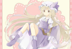 Rule 34 | 1girl, bad id, bad pixiv id, belt, blonde hair, boots, border, brown eyes, doily, dress, ellipsis (mitei), hat, hat ribbon, juliet sleeves, knees together feet apart, long hair, long sleeves, looking at viewer, mob cap, petticoat, puffy sleeves, reclining, ribbon, skirt hold, smile, solo, touhou, very long hair, watatsuki no toyohime
