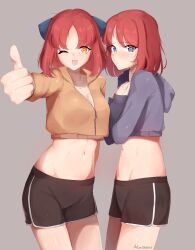 Rule 34 | 2girls, ;d, absurdres, alternate costume, artist name, black shorts, blue bow, blue eyes, blush, bow, breasts, cleavage, collarbone, commentary, cropped hoodie, english commentary, forehead, grey background, grey hoodie, groin, hands on own chest, highres, hisui (tsukihime), hood, hoodie, kohaku (tsukihime), light blush, light frown, looking at viewer, medium breasts, medium hair, midriff, mintshiiii, multiple girls, navel, one eye closed, open mouth, parted bangs, red hair, short shorts, shorts, siblings, sisters, smile, swept bangs, thighs, thumbs up, tsukihime, twins, yellow eyes