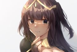 Rule 34 | 1girl, black eyes, black hair, blunt bangs, bridal gauntlets, edamameoka, fire emblem, fire emblem awakening, hair ornament, hand on own chin, highres, long hair, looking at viewer, nintendo, parted lips, smile, solo, tharja (fire emblem), twintails, upper body, white background