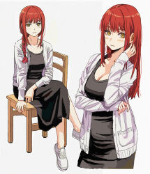 Rule 34 | 1girl, blush, braid, breasts, cardigan, chainsaw man, chair, cleavage, crossed legs, earrings, highres, jewelry, light smile, long hair, looking at viewer, makima (chainsaw man), medium breasts, multiple views, red hair, shiren (ourboy83), shoes, simple background, sitting, sneakers, white background, yellow eyes
