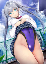 Rule 34 | 1girl, armband, blue eyes, blue skirt, blush, clothes lift, collared shirt, competition swimsuit, covered navel, cowboy shot, from below, gentsuki, highleg, highleg swimsuit, highres, kuroe (kimi omou koi), long hair, looking at viewer, looking down, necktie, one-piece swimsuit, original, outdoors, parted lips, plaid, plaid skirt, purple necktie, purple one-piece swimsuit, school uniform, shirt, silver hair, skirt, skirt lift, solo, standing, swimsuit, swimsuit under clothes, thighs, white shirt