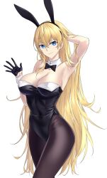 Rule 34 | 1girl, absurdres, animal ears, arm behind head, arm up, azur lane, black bow, black bowtie, black gloves, black leotard, black pantyhose, blonde hair, blue eyes, bow, bowtie, breasts, commentary, covered navel, cowboy shot, detached collar, fake animal ears, gloves, highres, large breasts, leotard, long hair, looking at viewer, north carolina (azur lane), pantyhose, playboy bunny, rabbit ears, simple background, smile, solo, strapless, strapless leotard, suprii, very long hair, white background