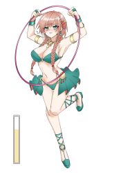 Rule 34 | 1girl, :3, armlet, armpits, arms up, bandeau, bangle, bare shoulders, blush, bracelet, braid, breasts, brown hair, butterfly hair ornament, cleavage, clenched hands, closed mouth, dancer, earrings, embarrassed, female focus, full body, green bandeau, green eyes, green footwear, green panties, green skirt, groin, hair ornament, half-closed eyes, have to pee, highres, holding, hoop, hula hoop, japanese text, jewelry, knees together feet apart, leg up, long hair, looking at viewer, navel, necklace, nervous smile, nose blush, o-ring, o-ring top, original, panties, ring, shoes, showgirl skirt, sidelocks, simple background, skirt, smile, solo, standing, standing on one leg, stomach, suigyoku hiren, sweat, translation request, twin braids, underwear, urine meter, white background