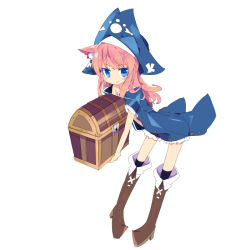 Rule 34 | animal ears, blue eyes, boots, cat ears, cross-laced footwear, hat, kanikama, knee boots, original, paw print, pink hair, pirate, pirate hat, solo, treasure chest