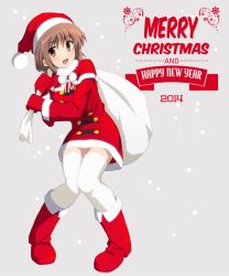 Rule 34 | 1girl, brown eyes, brown hair, gloves, hat, merry christmas, mokkei, sack, santa costume, santa hat, shakugan no shana, short hair, thighhighs, yoshida kazumi