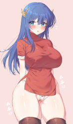 Rule 34 | 1girl, arms behind back, awayuki ramika, black thighhighs, blue eyes, blue hair, blush, bracelet, breasts, caeda (fire emblem), cameltoe, cleft of venus, clothes lift, covered navel, cowboy shot, dress, dress lift, elbow gloves, fire emblem, fire emblem: mystery of the emblem, gloves, gluteal fold, highres, jewelry, large breasts, long hair, looking at viewer, nintendo, open mouth, panties, partially visible vulva, pegasus knight uniform (fire emblem), pink background, red dress, short sleeves, side-tie panties, side slit, simple background, solo, thick thighs, thighhighs, thighs, twitter username, underwear, white gloves, white panties