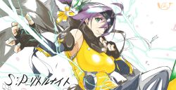 1girl absurdres black_scarf breasts duel_monster electricity green_eyes highres hikaru49831115 large_breasts long_hair ponytail purple_hair s-force_rappa_chiyomaru s:p_little_knight scarf shirt simple_background solo white_background yellow_shirt yu-gi-oh!