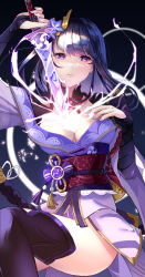 Rule 34 | 1girl, absurdres, black background, braid, breasts, bridal gauntlets, cleavage, collarbone, cowboy shot, drawing sword, electricity, fingernails, flower, genshin impact, gradient background, hair flower, hair ornament, hand on own chest, highres, holding, holding sword, holding weapon, human scabbard, japanese clothes, kimono, large breasts, lessone, light in heart, long hair, looking at viewer, mitsudomoe (shape), mole, mole under eye, nail polish, obi, obiage, obijime, parted lips, pink lips, purple background, purple eyes, purple flower, purple hair, purple kimono, purple nails, purple thighhighs, raiden shogun, sash, single braid, solo, sword, sword between breasts, tassel, thighhighs, tomoe (symbol), very long hair, vision (genshin impact), weapon