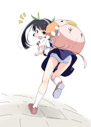 Rule 34 | 1girl, absurdres, aoi bara, backpack, bag, bakemonogatari, black hair, blue skirt, commentary request, fang, from behind, hachikuji mayoi, hairband, highres, looking at viewer, looking back, monogatari (series), open mouth, panties, pantyshot, pink footwear, red eyes, ribbon, simple background, skirt, smile, solo, suspenders, twintails, underwear, white background, white panties