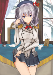 Rule 34 | 10s, 1girl, blue eyes, blush, breasts, clothes lift, epaulettes, genji (three genji), gloves, unworn gloves, highres, inkwell, kantai collection, kashima (kancolle), letter, picture frame, playing with hair, silver hair, skirt, skirt lift, smile, snow, solo, thighs