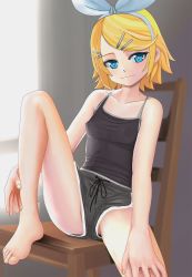 Rule 34 | 1girl, aruman, bare shoulders, barefoot, black shirt, black shorts, blonde hair, blue eyes, blush, breasts, chair, closed mouth, collarbone, feet, female focus, fingernails, hairband, half-closed eyes, indoors, kagamine rin, knee up, light blush, looking at viewer, no panties, partially visible vulva, shiny skin, shirt, short hair, short shorts, shorts, sitting, sleeveless, sleeveless shirt, small breasts, smile, solo, spread legs, swept bangs, tank top, toes, upshorts, vocaloid, white hairband