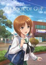 Rule 34 | 10s, 1girl, :d, artist name, bag, black neckerchief, blouse, blue sky, brown eyes, brown hair, building, bush, cloud, commentary request, contrail, cross, day, english text, fence, girls und panzer, green skirt, hand up, highres, latin cross, long sleeves, looking at viewer, neckerchief, nishizumi miho, ooarai school uniform, open mouth, outdoors, pleated skirt, poster (medium), road, road sign, school bag, school uniform, serafuku, shamakho, shirt, short hair, sign, skirt, sky, smile, solo, standing, tree, white shirt, window