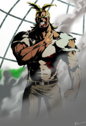 Rule 34 | 1boy, all might, antenna hair, blonde hair, blood, blood on clothes, blue eyes, boku (bo ku), boku no hero academia, covered eyes, grin, hair slicked back, highres, large pectorals, looking at viewer, male focus, medium hair, muscular, pants, pectorals, shirt, smile, solo, striped clothes, striped pants, superhero costume, torn clothes, torn shirt, veins, white shirt