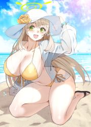 Rule 34 | 1girl, beach, bikini, black footwear, blue archive, breasts, carcass (artist), cleavage, day, flower, front-tie bikini top, front-tie top, full body, green eyes, hat, hat flower, highres, huge breasts, light brown hair, long hair, looking at viewer, nonomi (blue archive), nonomi (swimsuit) (blue archive), outdoors, sandals, see-through, side-tie bikini bottom, smile, solo, sun hat, swimsuit, thighs, white hat, yellow bikini, yellow flower