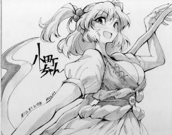 Rule 34 | 1girl, ario, breasts, cleavage, coin, female focus, graphite (medium), greyscale, hair bobbles, hair ornament, large breasts, monochrome, obi, onozuka komachi, open mouth, sash, scythe, shikishi, short hair, short twintails, smile, solo, touhou, traditional media, twintails, two side up, upper body
